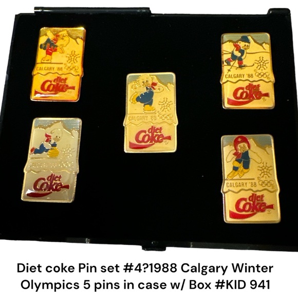 Diet coke Pin set #4 1988 Calgary Winter Olympics 5 pins in case w/ Box #KID 941 - Picture 2 of 9